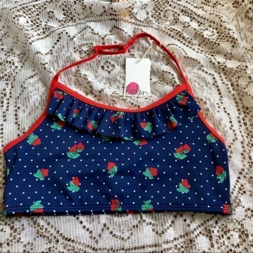 Boden strawberry navy polka dot halter swim top